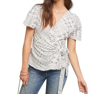 Anthropologie Eva Franco Houndstooth Embroidered White Metallic Wrap Top - S